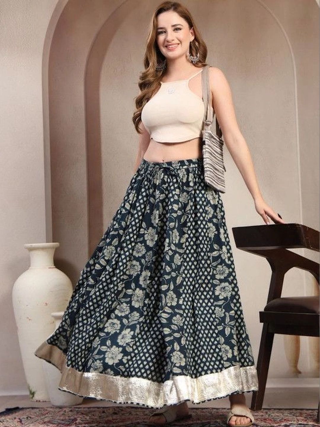 HERE&NOW Women Pure Cotton Blend Cotton Cambric Floral Maxi Flared Skirt-image-10