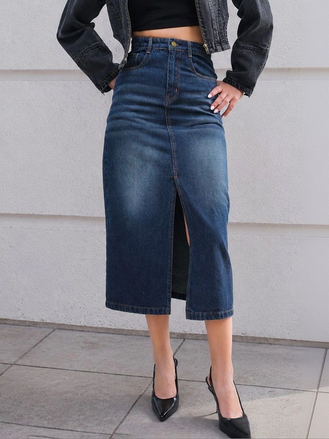 SASSAFRAS BASICS Women Denim Washed Front Slit Midi Straight Skirt-picture-40
