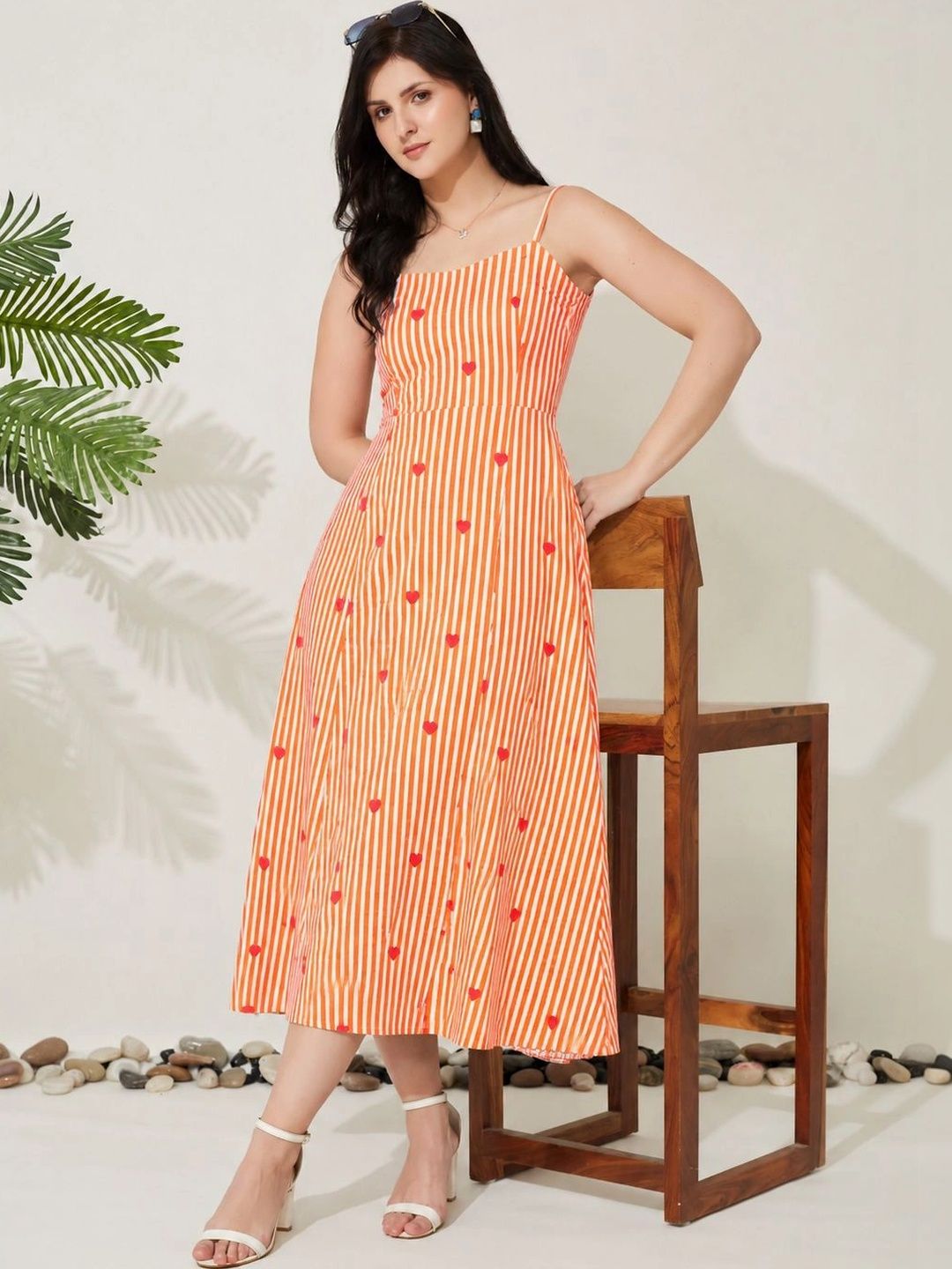 j turritopsis Women Orange Cotton Heart Print Striped Midi Dress-picture-1
