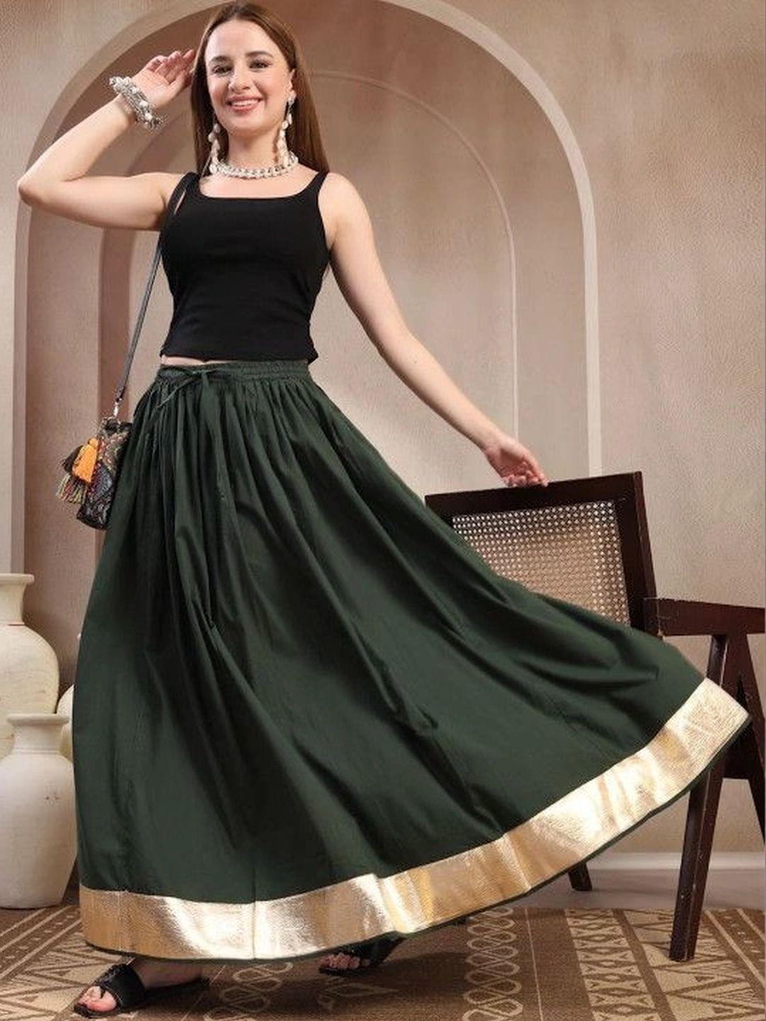 HERE&NOW Women Pure Cotton Blend Cotton Cambric Maxi Flared Skirt-picture-31