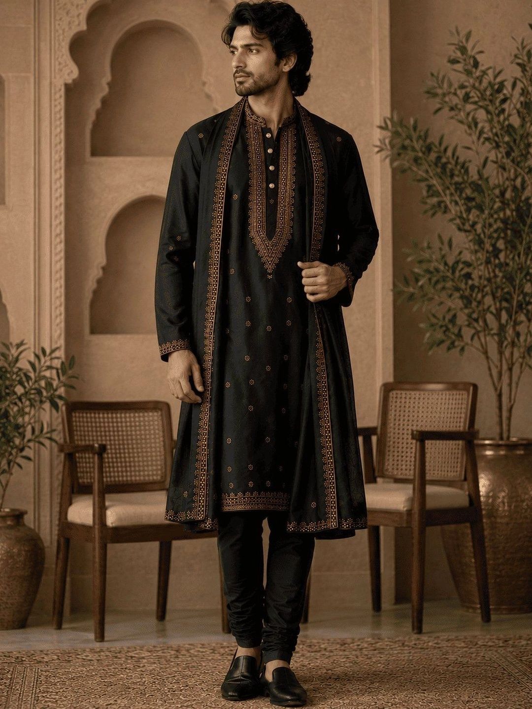 Anouk Men Ethnic Motifs Embroidered Regular Thread Work Kurta with Churidar & With Dupatta-picture-21