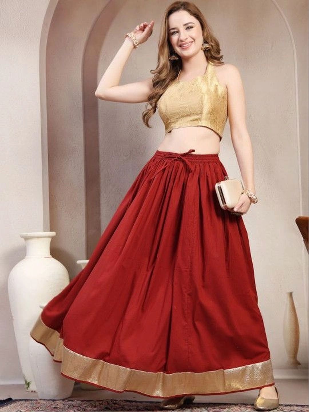 HERE&NOW Women Pure Cotton Blend Cotton Cambric Maxi Flared Skirt-picture-36