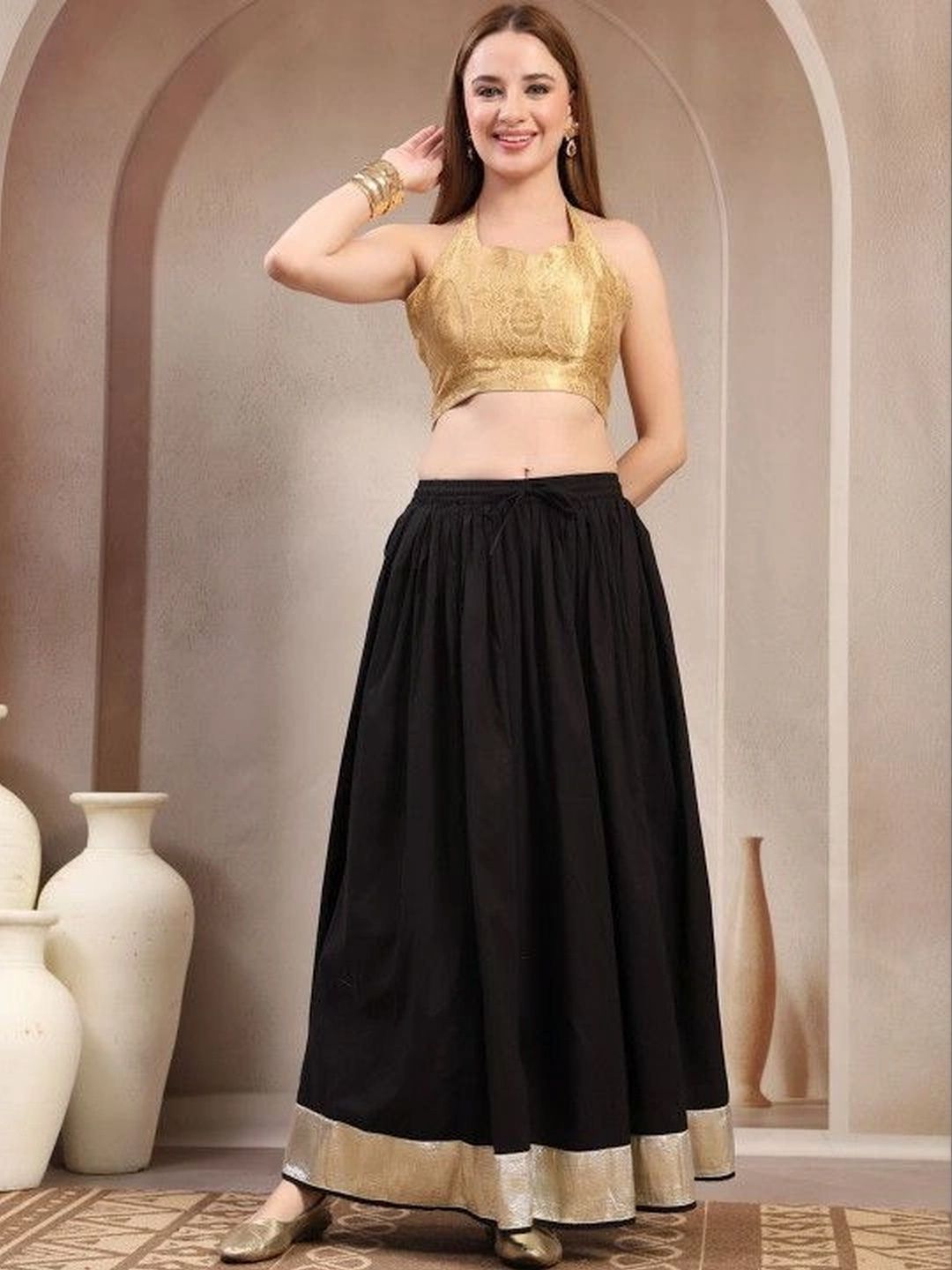 HERE&NOW Women Pure Cotton Blend Cotton Cambric Maxi Flared Skirt-picture-39
