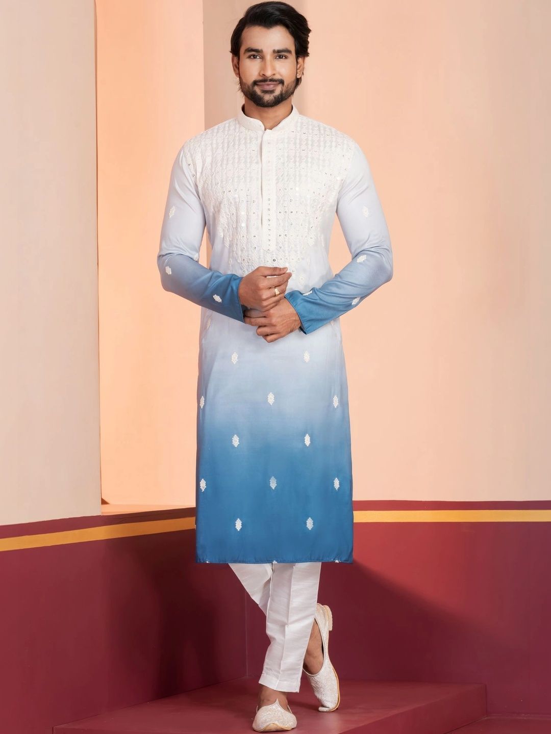 Angasudha Men Ombre Embroidered Regular Sequinned Kurta with Pyjamas-picture-10