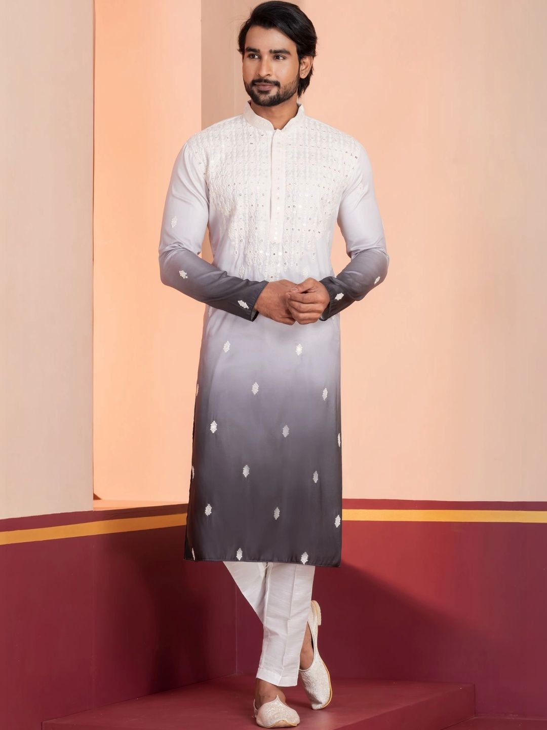Angasudha Men Ombre Embroidered Regular Mirror Work Kurta with Pyjamas-picture-37