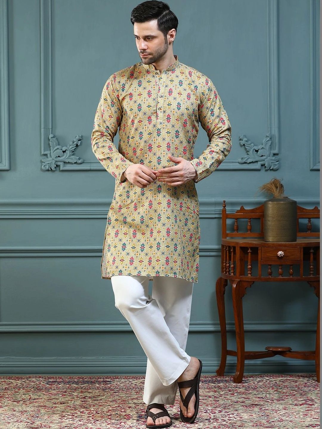 ALMORA Men Ethnic Motifs Printed Regular Pure Cotton Kurta with Trousers-picture-35
