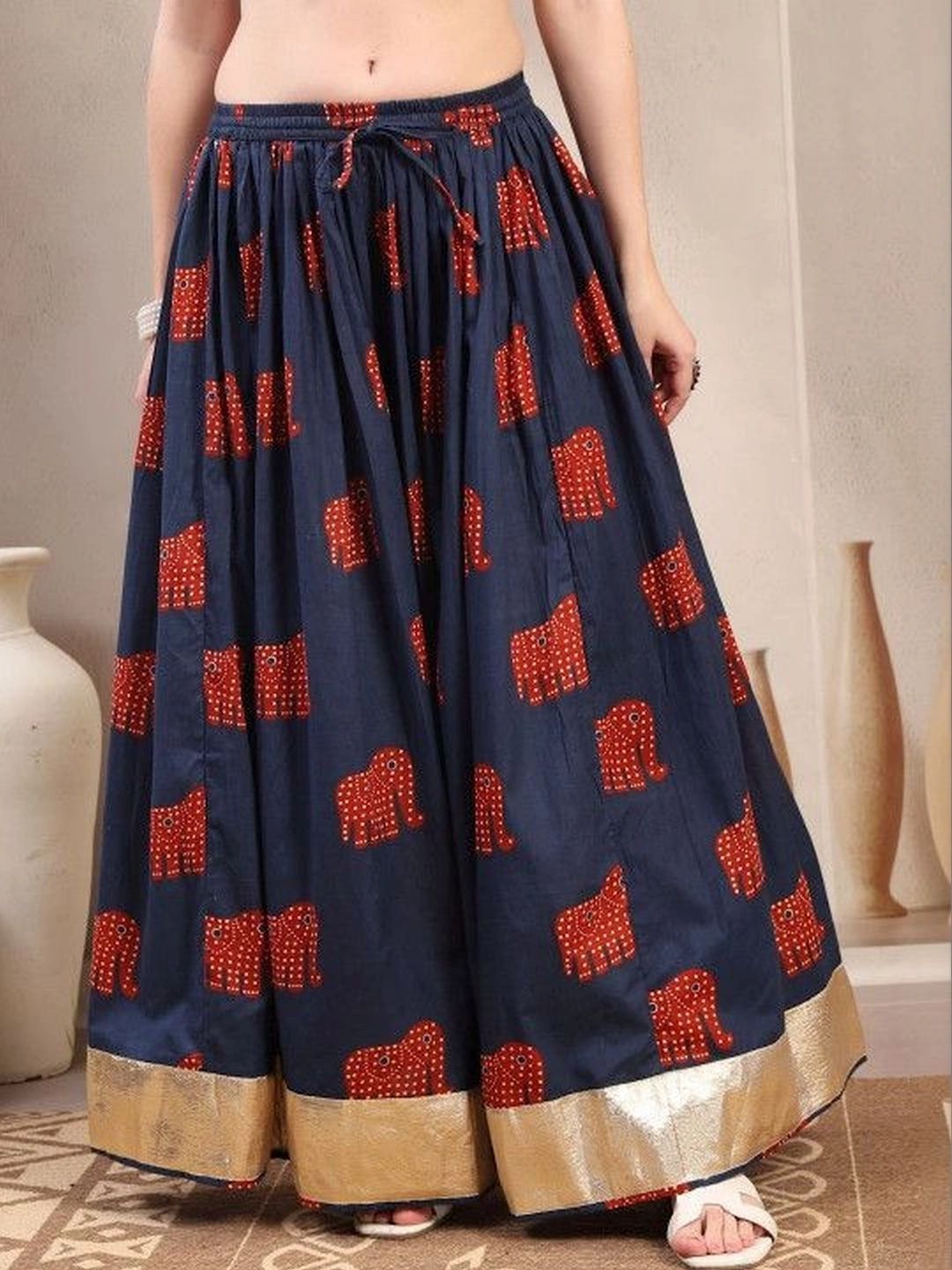 HERE&NOW Women Pure Cotton Blend Cotton Cambric Animal Maxi Flared Skirt-picture-31
