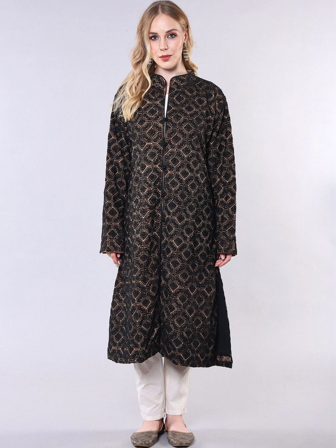 Exotic India Women Longline Open Front Jacket with Embroidered-image-48