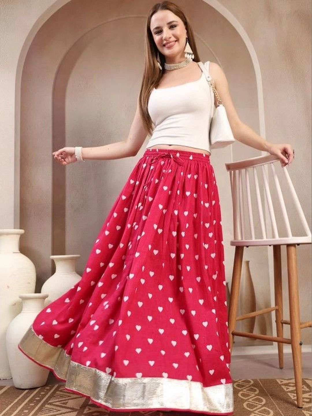 HERE&NOW Women Pure Cotton Blend Cotton Cambric Graphic Maxi Flared Skirt-picture-34