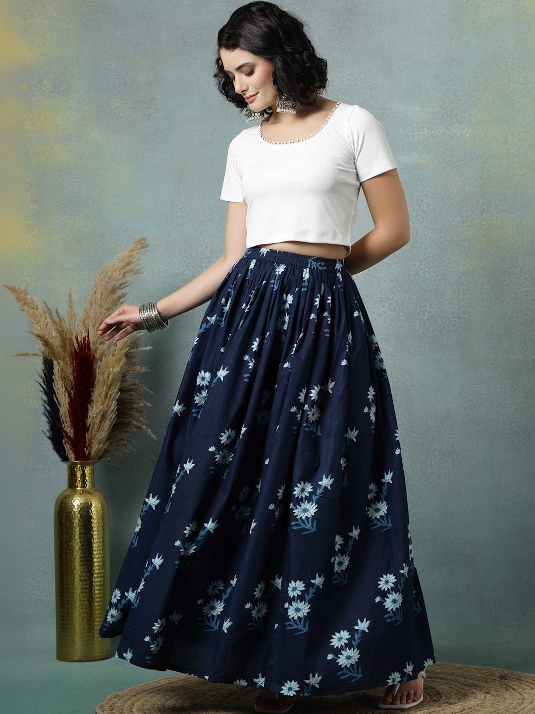 HERE&NOW Women Pure Cotton Blend Cotton Cambric Floral Maxi Flared Skirt-picture-35