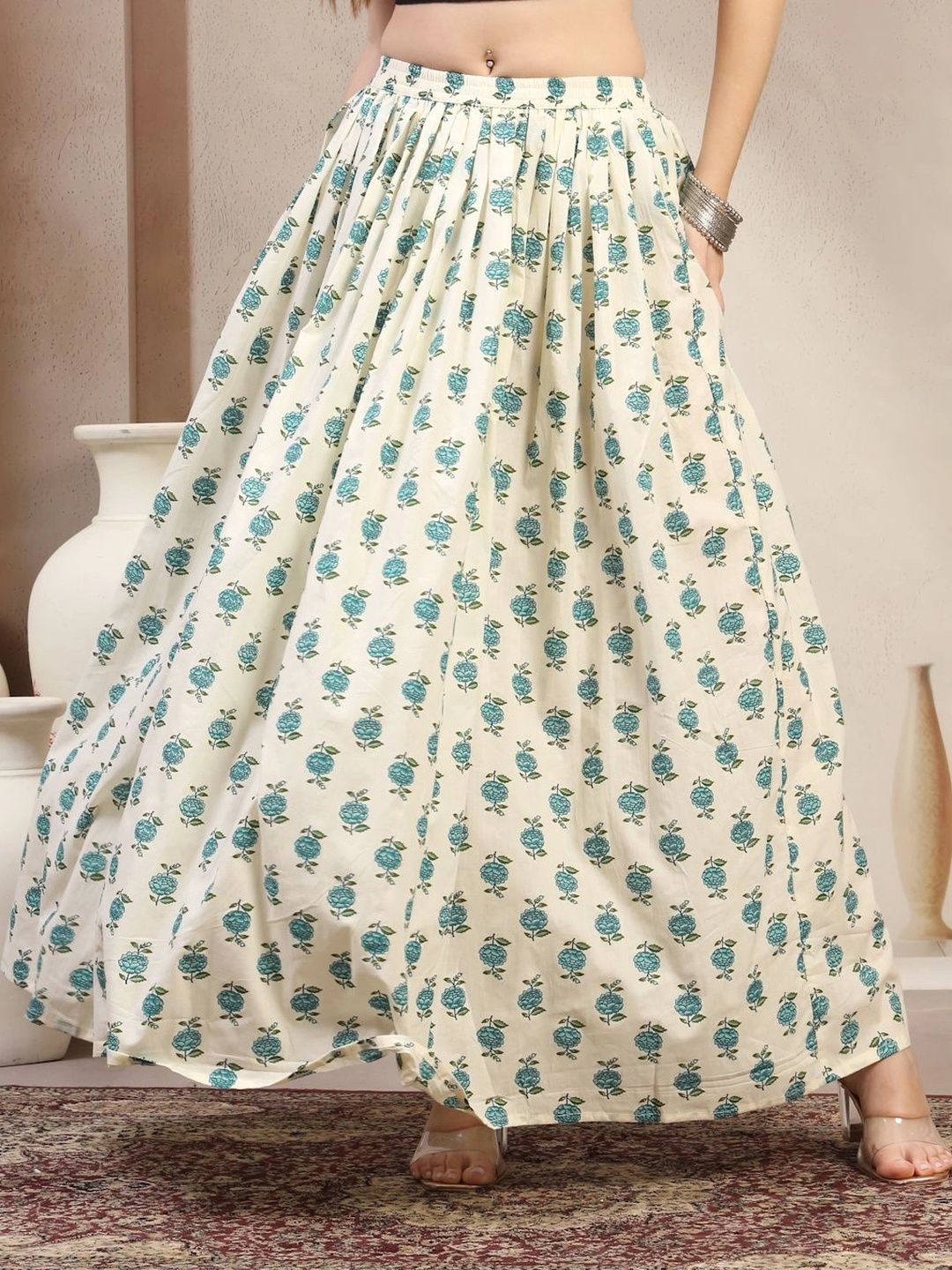 HERE&NOW Women Pure Cotton Blend Cotton Cambric Floral Maxi Flared Skirt-picture-40