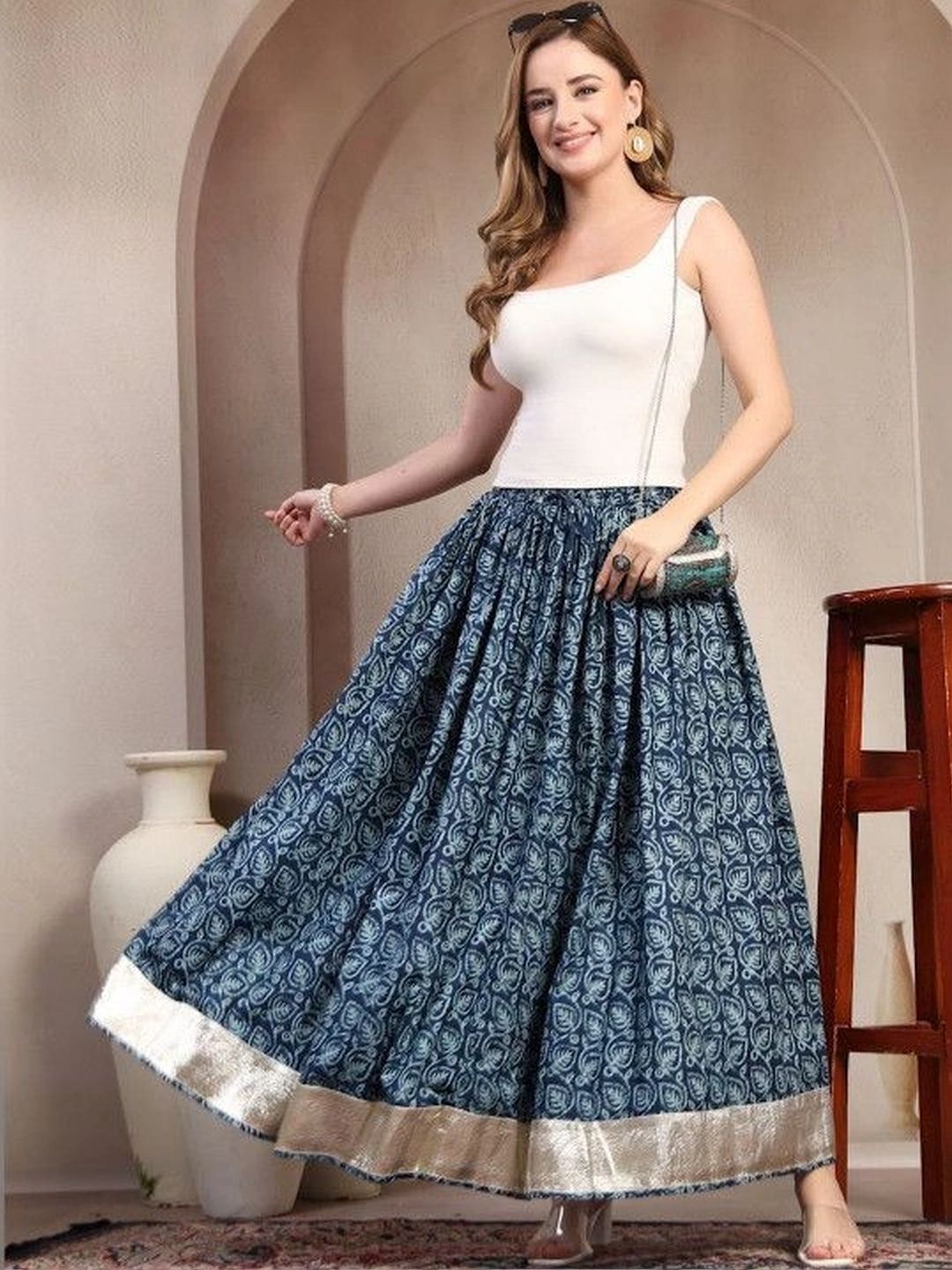 HERE&NOW Women Pure Cotton Blend Cotton Cambric Floral Maxi Flared Skirt-picture-38