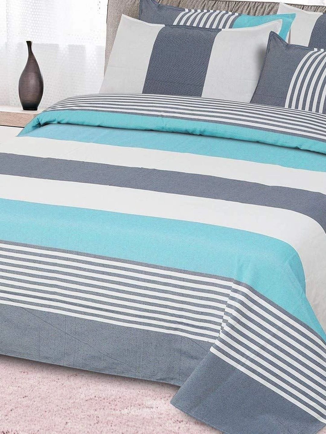 MULTITEX 3-Pcs Turquoise Blue Striped Pure Cotton Double Bed - King Bed Covers-picture-7