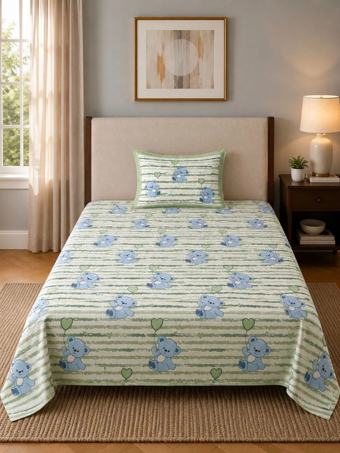 VAASINI Green Cartoon Characters 210 TC Single Bedsheet with 1 Pillow Covers-picture-20