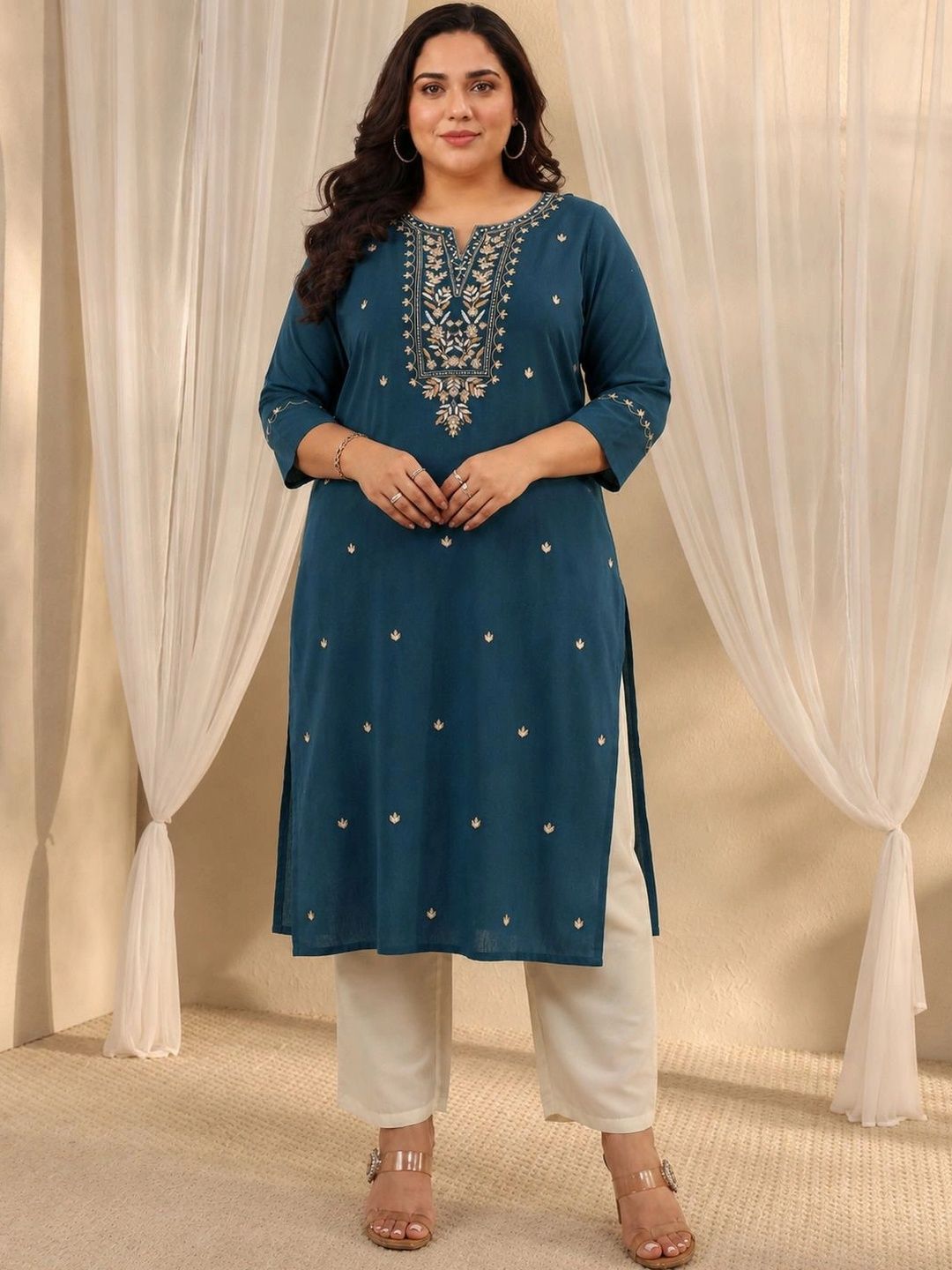EXTRA LOVE BY LIBAS Plus Size Teal Ethnic Motif Embroidered Cotton Straight Kurta-picture-34