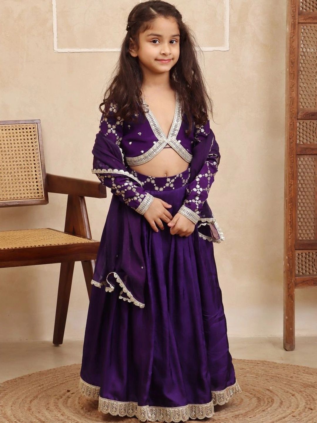 Evaraah Girls Ethnic Motifs Embroidered Regular Top with Skirt & With Dupatta-image-12