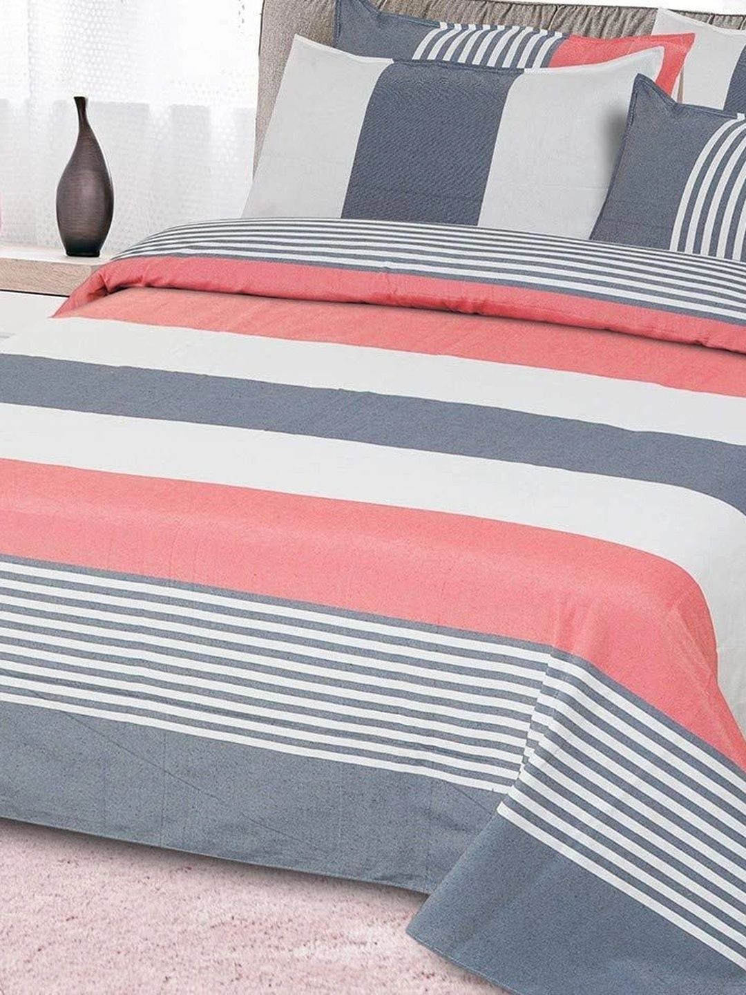 MULTITEX 3-Pcs Rust & Blue Striped Pure Cotton Double Bed - King Bed Covers-picture-3