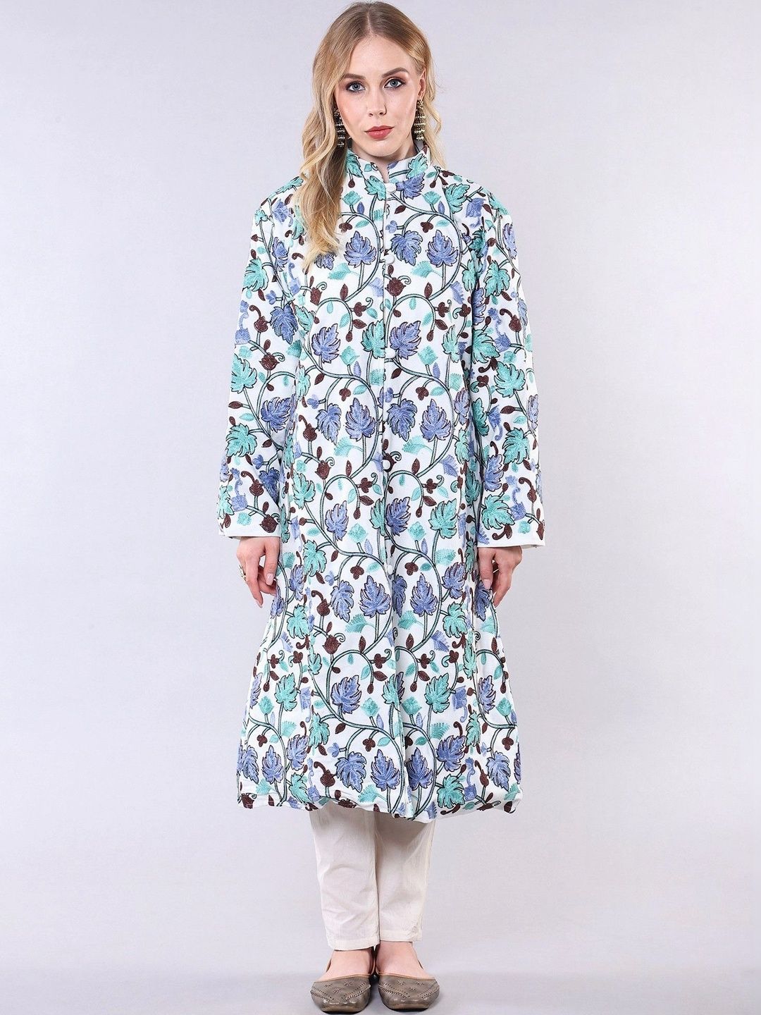 Exotic India Women Floral Woollen Longline Padded Jacket-image-47