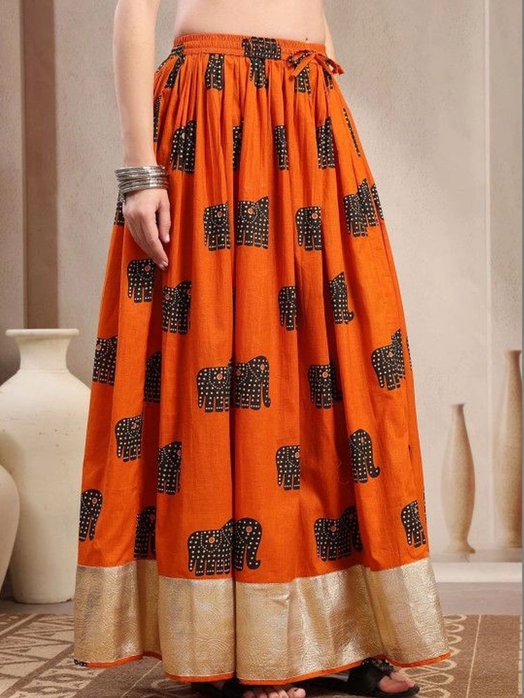 HERE&NOW Women Pure Cotton Blend Cotton Cambric Maxi Flared Skirt-picture-38