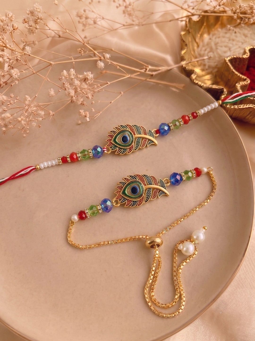 MEIRA JEWELLERY Pack Of 2 Gold-Plated Rakhi With Roli Chawal Greeting Card Gift Set-image-39