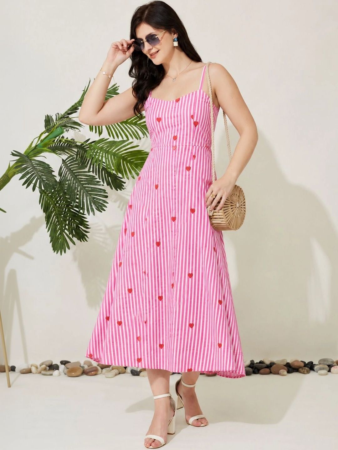 j turritopsis Women Pink Cotton Heart Print Striped Midi Dress-picture-11