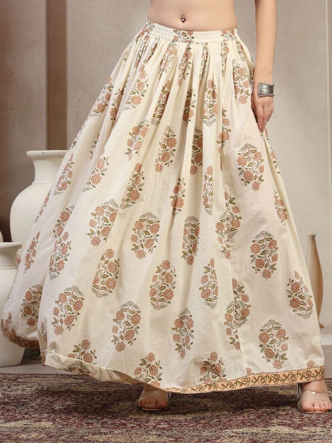 HERE&NOW Women Pure Cotton Blend Cotton Cambric Floral Maxi Flared Skirt-picture-37