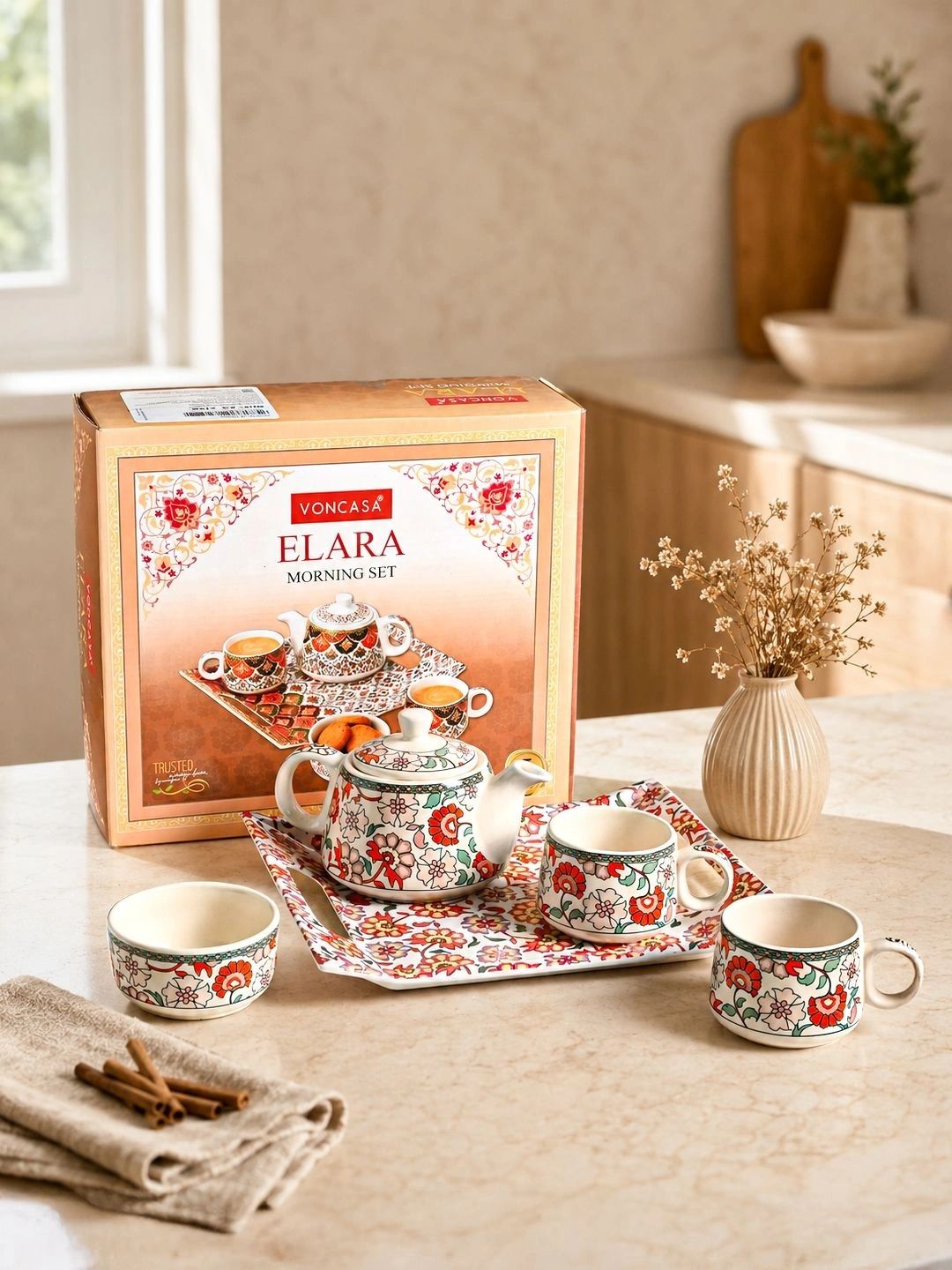 MARKET99 Persian Bloom Tea Set Includes 2 Ceramic Cups Bowl Kettle and Plastic Tray-picture-36