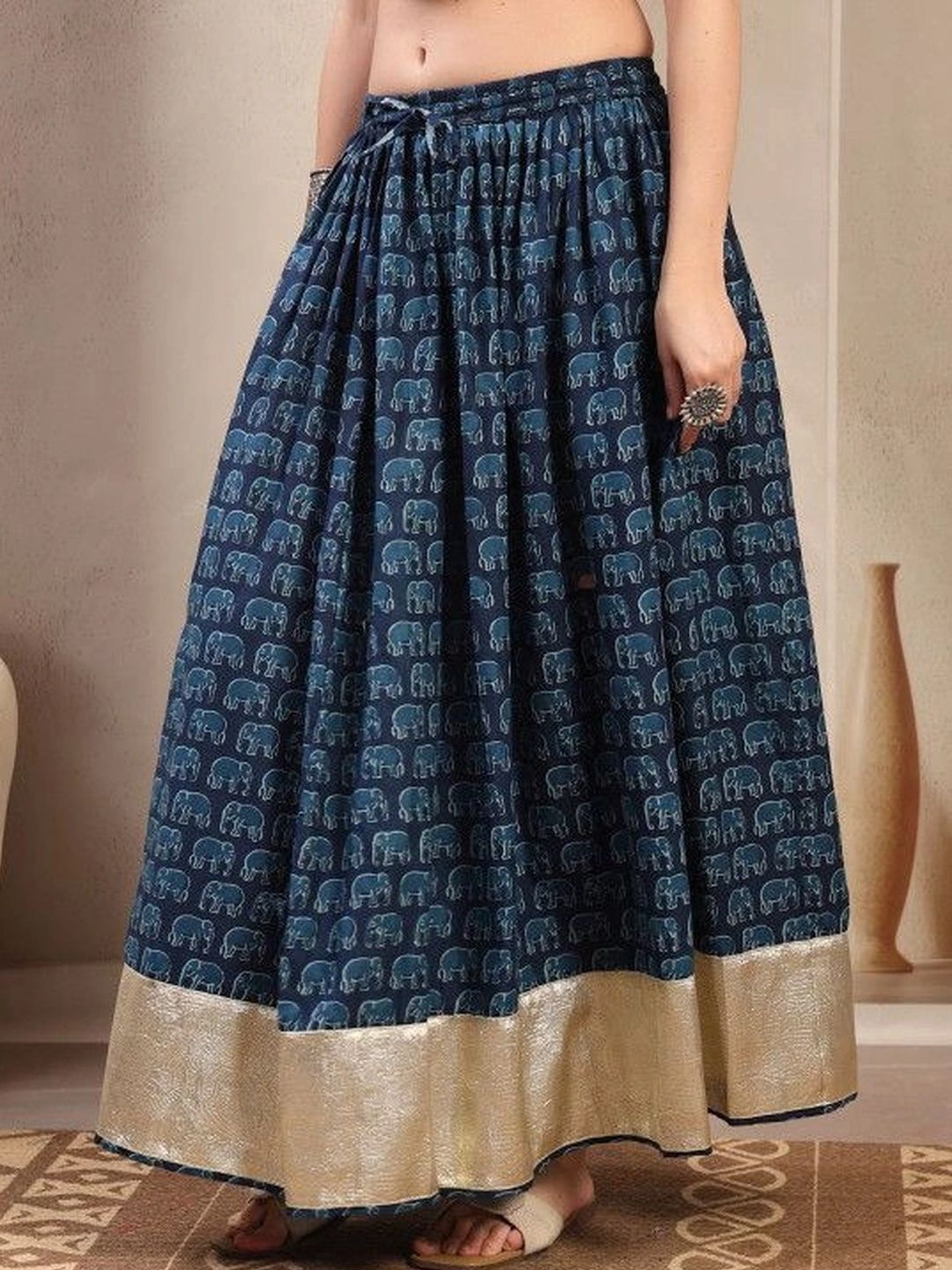 HERE&NOW Women Pure Cotton Blend Cotton Cambric Animal Maxi Flared Skirt-picture-35