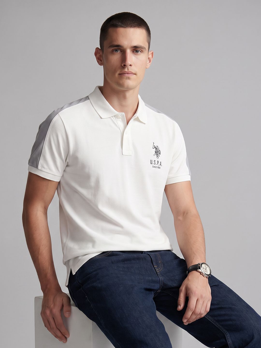 U.S. Polo Assn. Denim Co. Slim Fit Colourblocked Polo Collar Pure Cotton T-shirt-picture-27