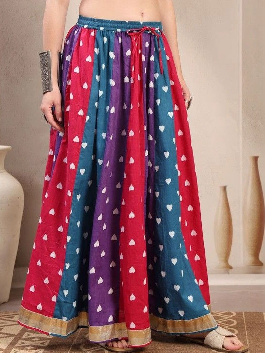 HERE&NOW Women Pure Cotton Blend Cotton Cambric Graphic Tiered Maxi Flared Skirt-picture-33