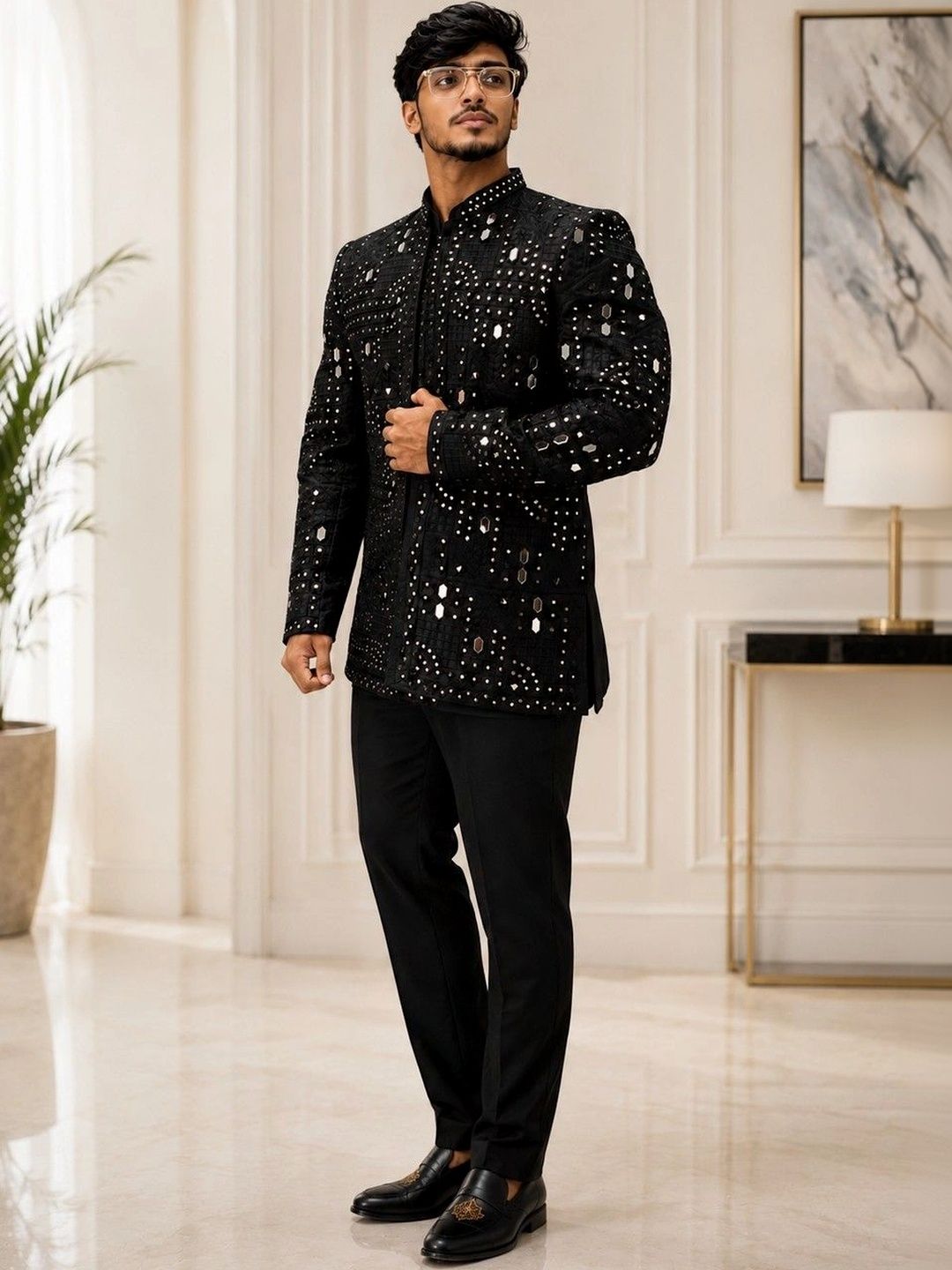 House of Pataudi Self Design Mirror Work Jodhpuri Set-image-45