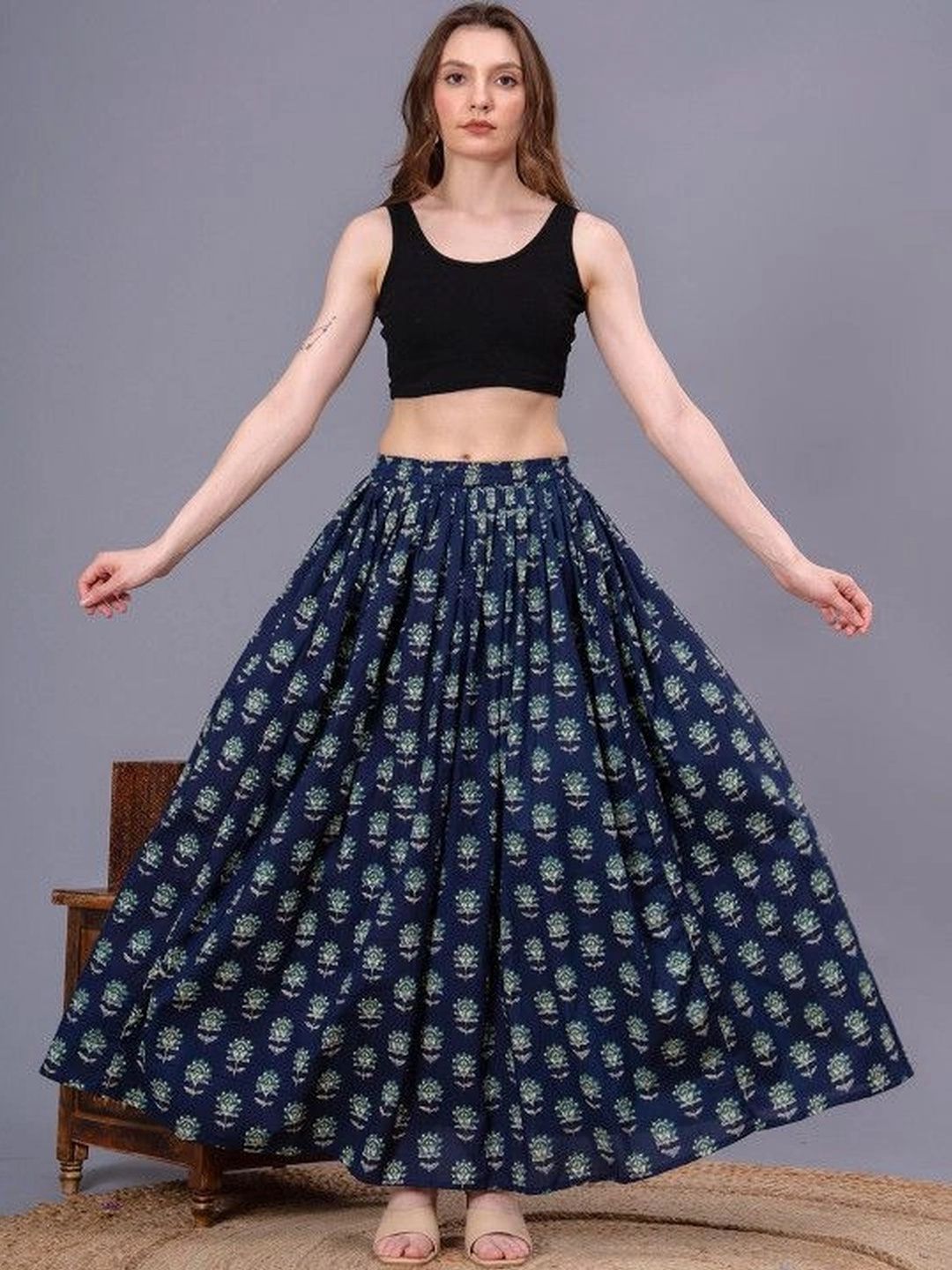 HERE&NOW Women Pure Cotton Blend Cotton Cambric Floral Maxi Flared Skirt-picture-21