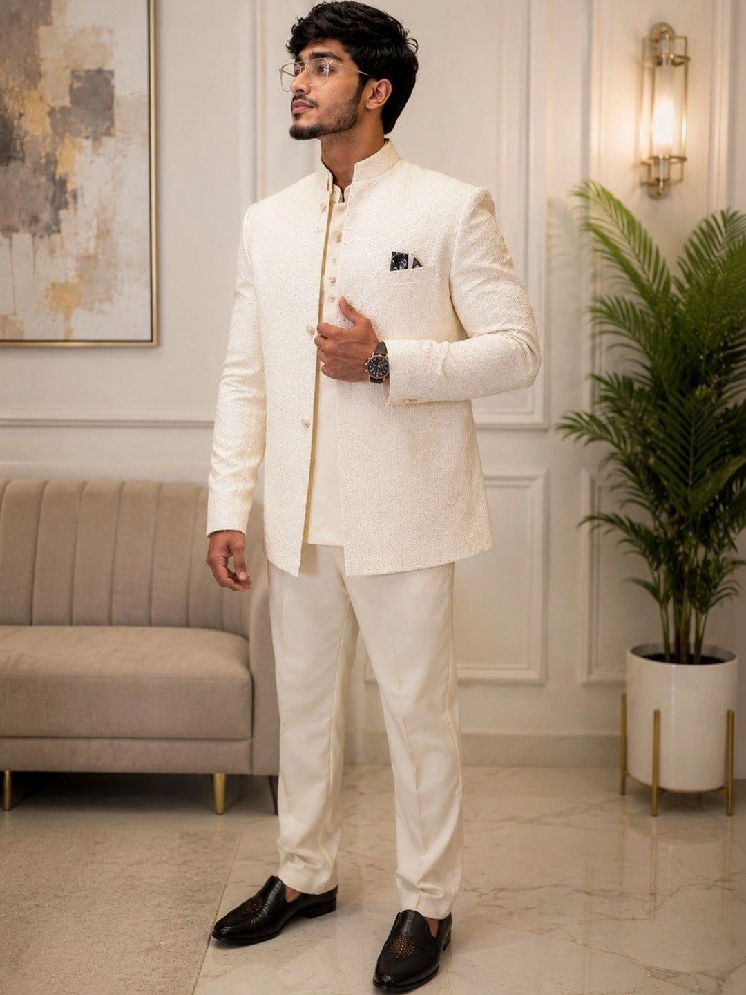House of Pataudi Self Design Mandarin Collar Sherwani-image-28