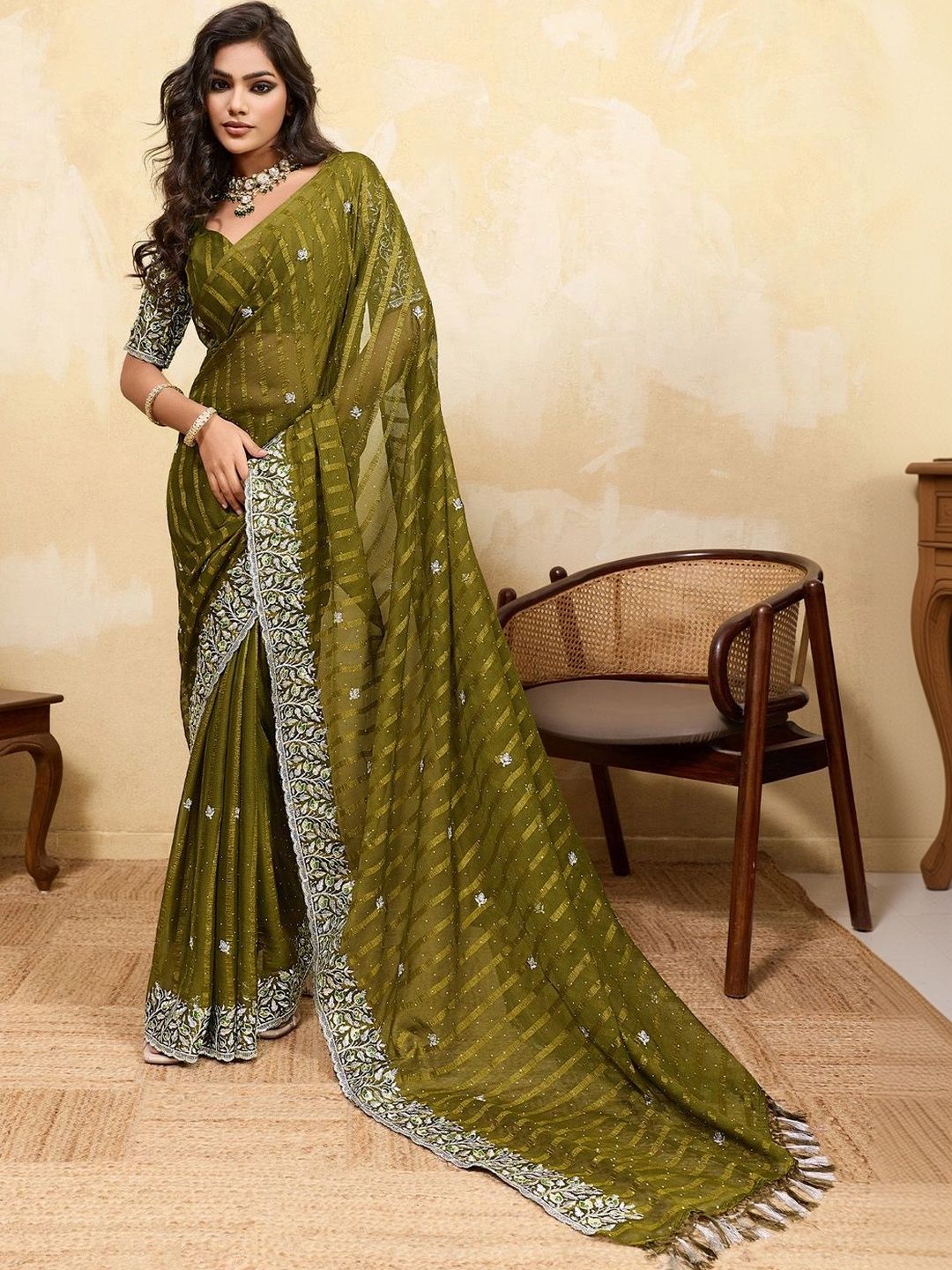 Mitera Striped Embroidered Poly Chiffon Designer Saree-image-15