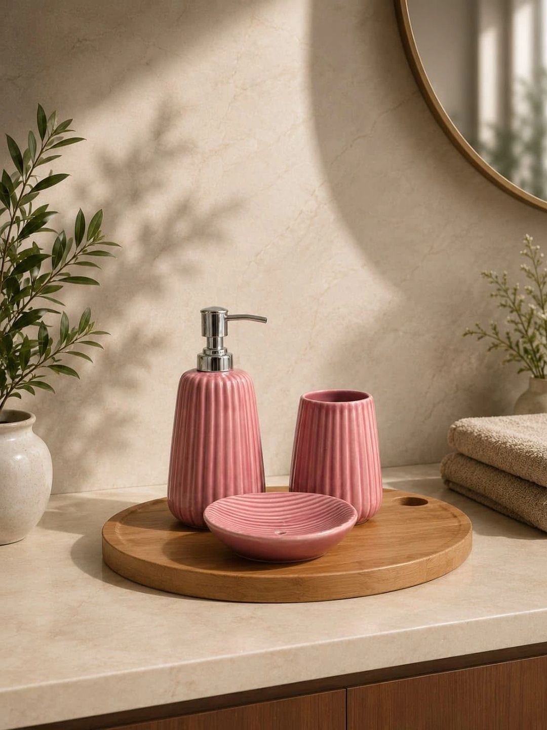 Heirloom Home Pink 3 piece Textured Ceramic Bath Accessories Set-picture-15