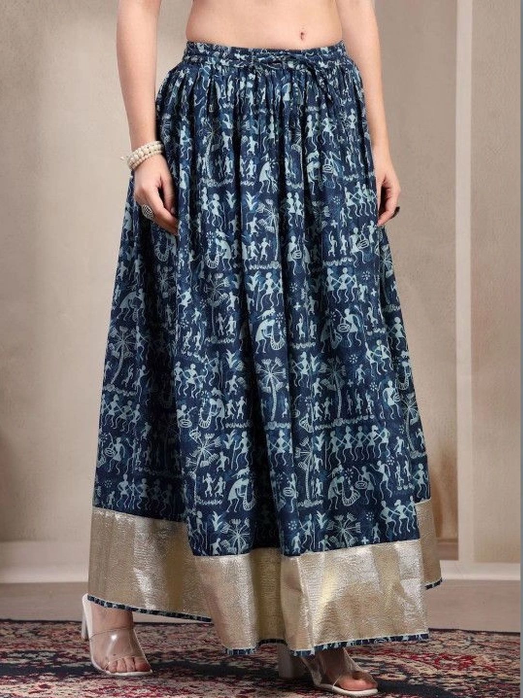HERE&NOW Women Pure Cotton Blend Cotton Cambric Floral Maxi Flared Skirt-picture-37