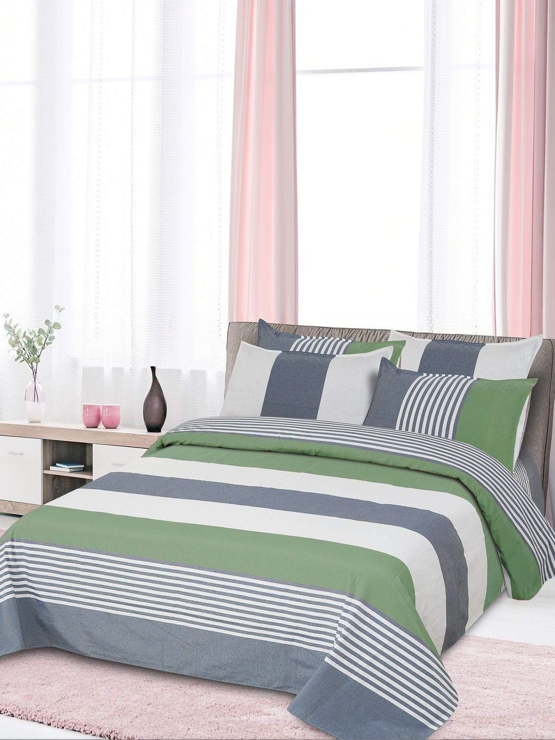 MULTITEX 3-Pcs Green Striped Pure Cotton Double Bed - King Bed Covers-picture-4