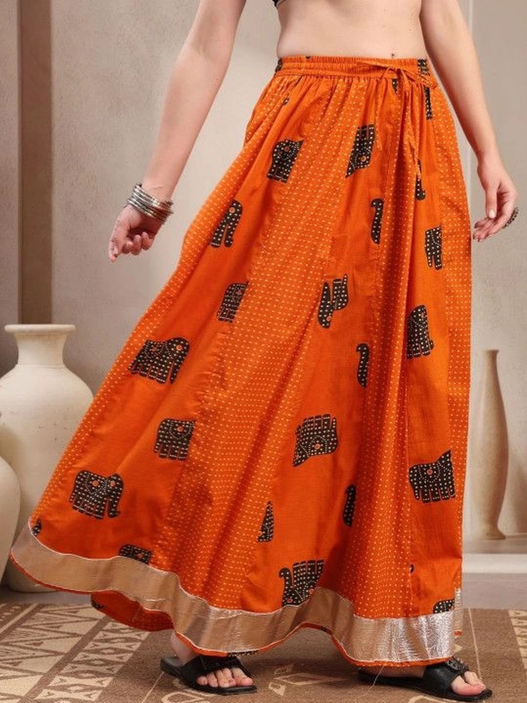 HERE&NOW Women Pure Cotton Blend Cotton Cambric Animal Maxi Flared Skirt-picture-35