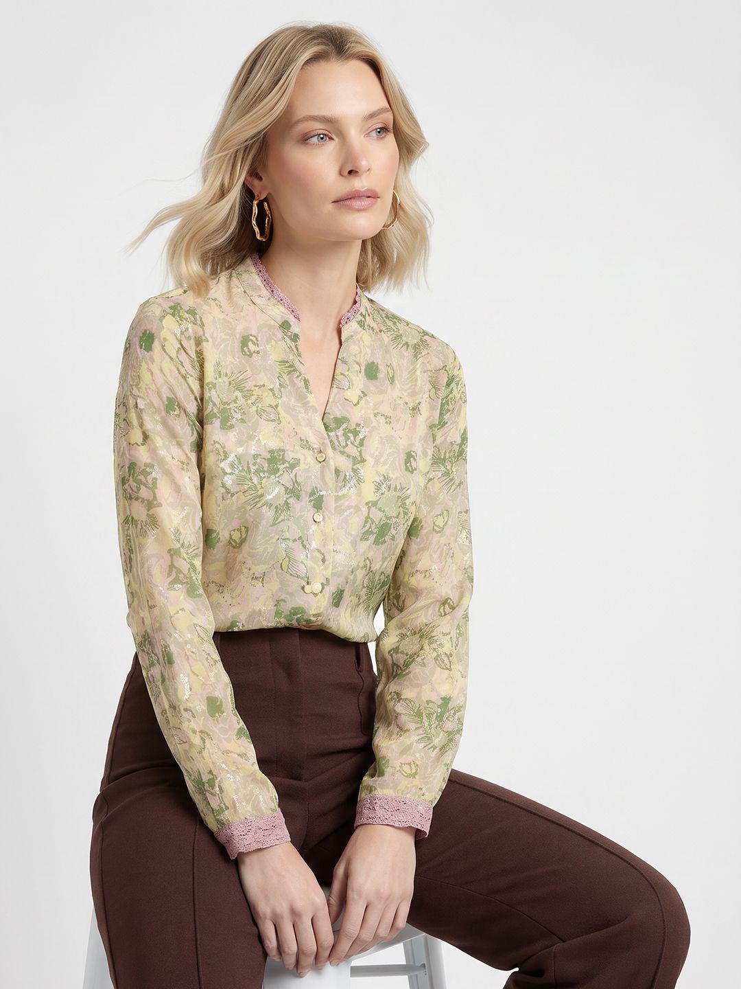 French Connection Floral Printed Mandarin Collar Shirt Style Top-picture-13
