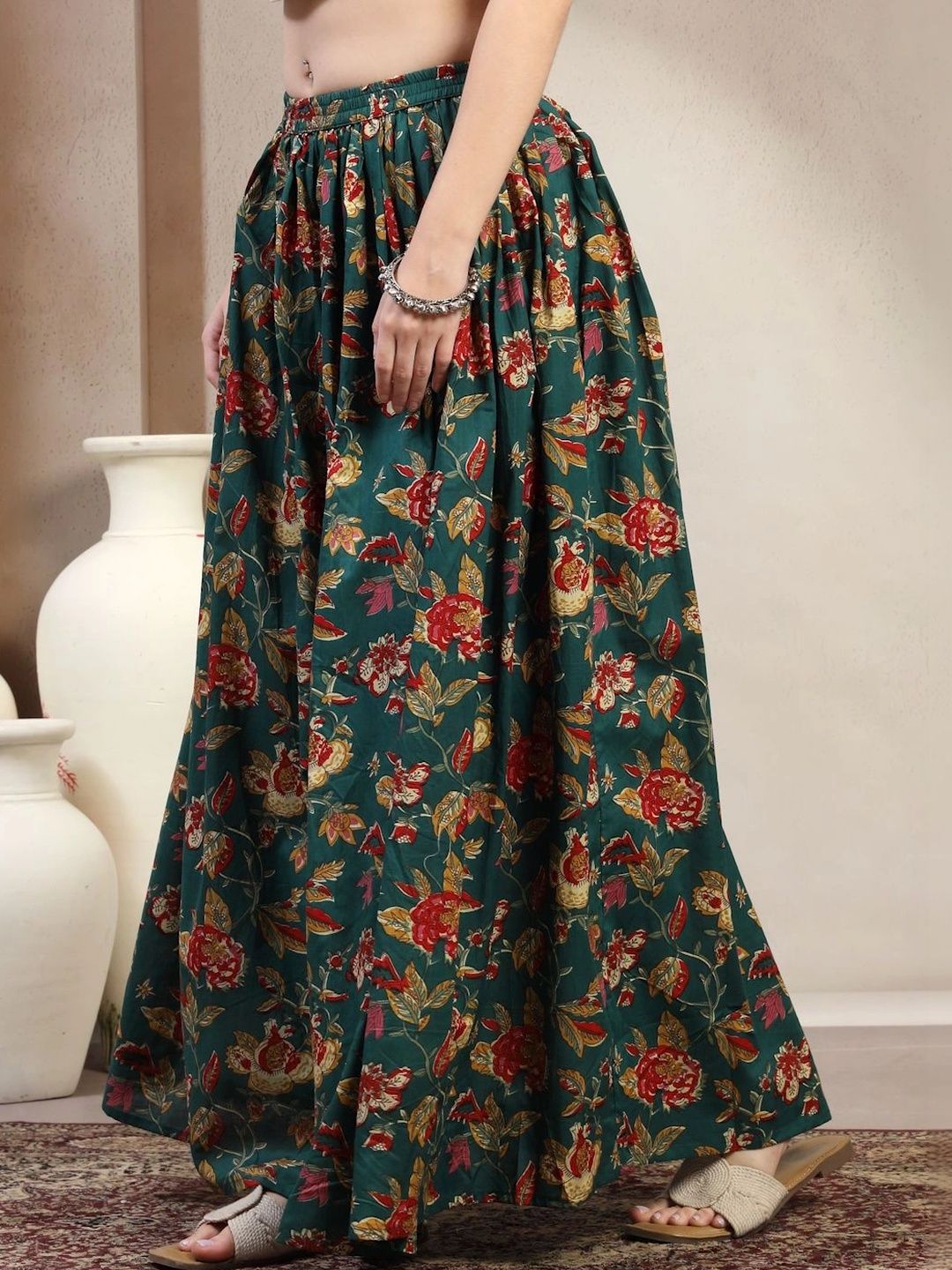 HERE&NOW Women Pure Cotton Blend Cotton Cambric Floral Maxi Flared Skirt-picture-18