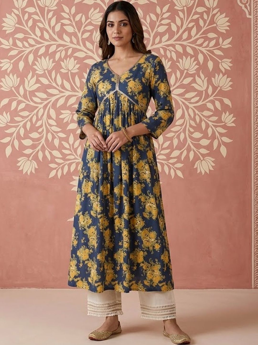 Sangria Printed Cotton V-Neck Calf Length A-Line Kurtas-picture-43