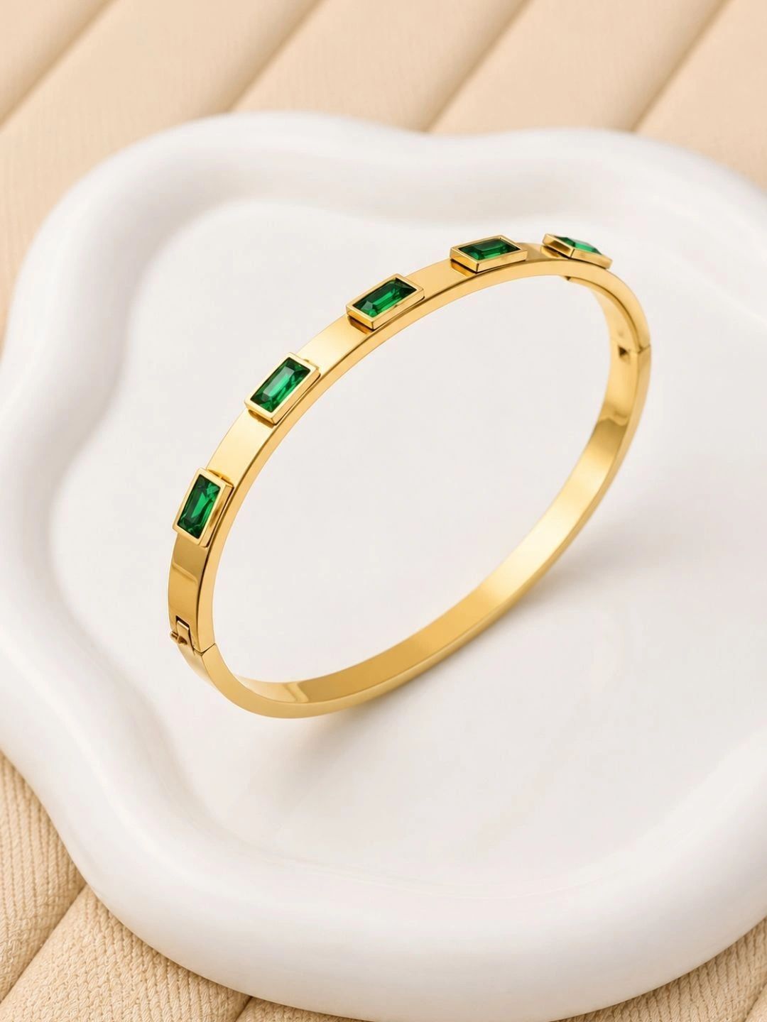 DIVING SWAN Women 18K Thick Gold Plated Zoya Emerald Stud Bangle Bracelet-image-2