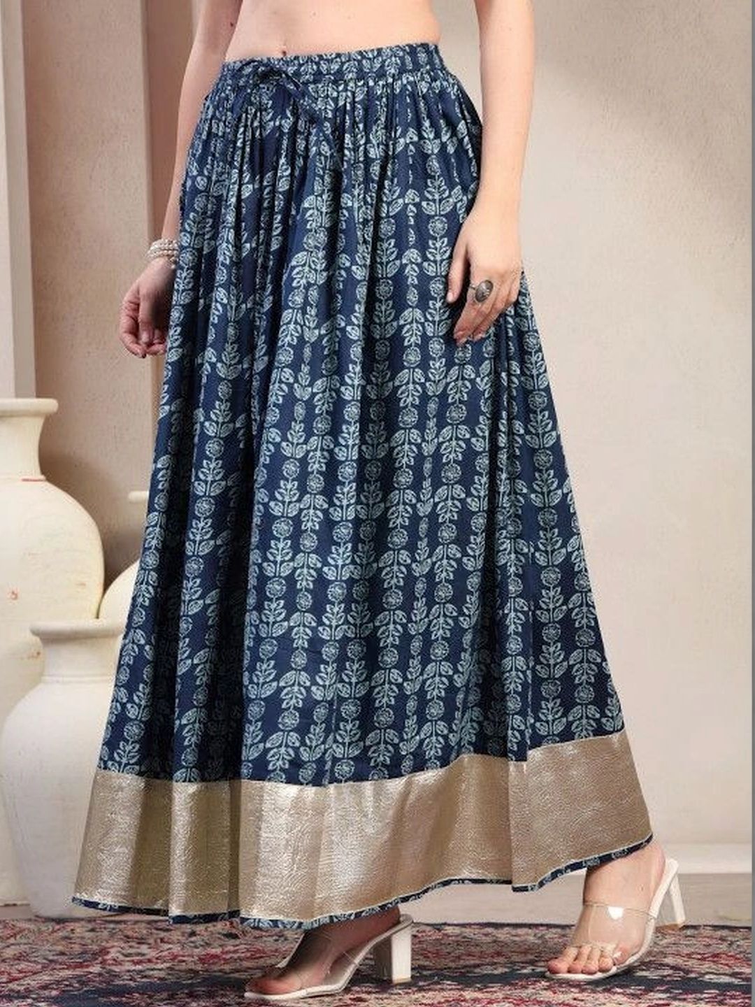 HERE&NOW Women Pure Cotton Blend Cotton Cambric Floral Maxi Flared Skirt-picture-41