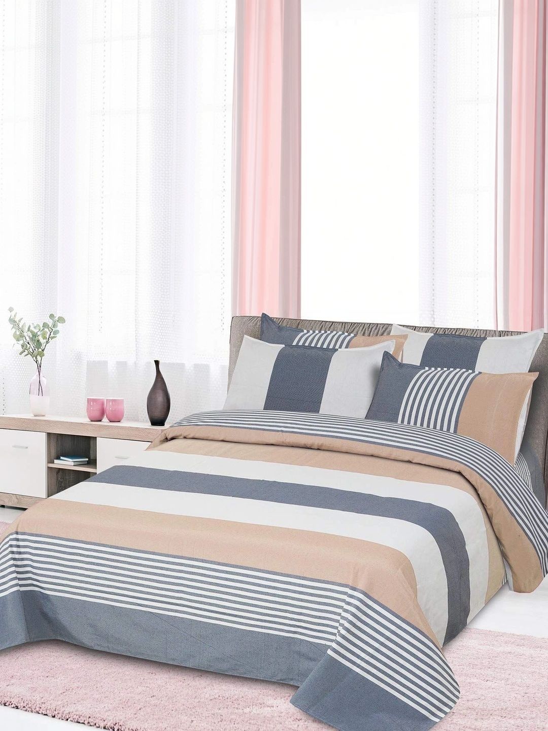 MULTITEX 3-Pcs Beige & Blue Striped Pure Cotton Double Bed - King Bed Covers-image-19