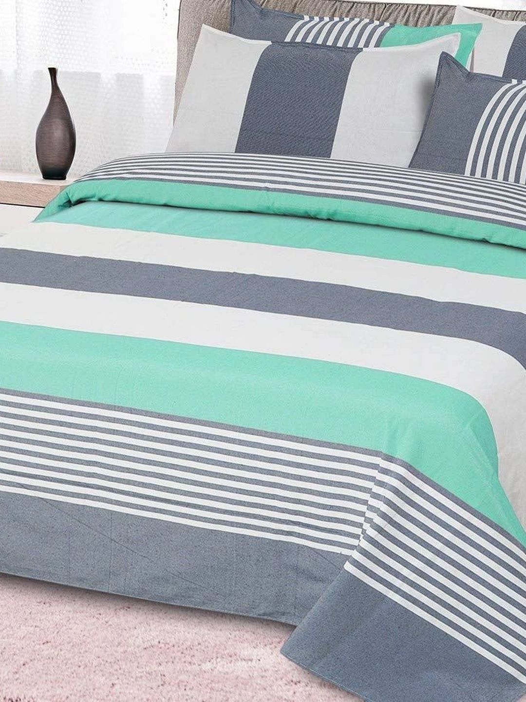 MULTITEX 3-Pcs Sea Green Striped Pure Cotton Double Bed - King Bed Covers-picture-5