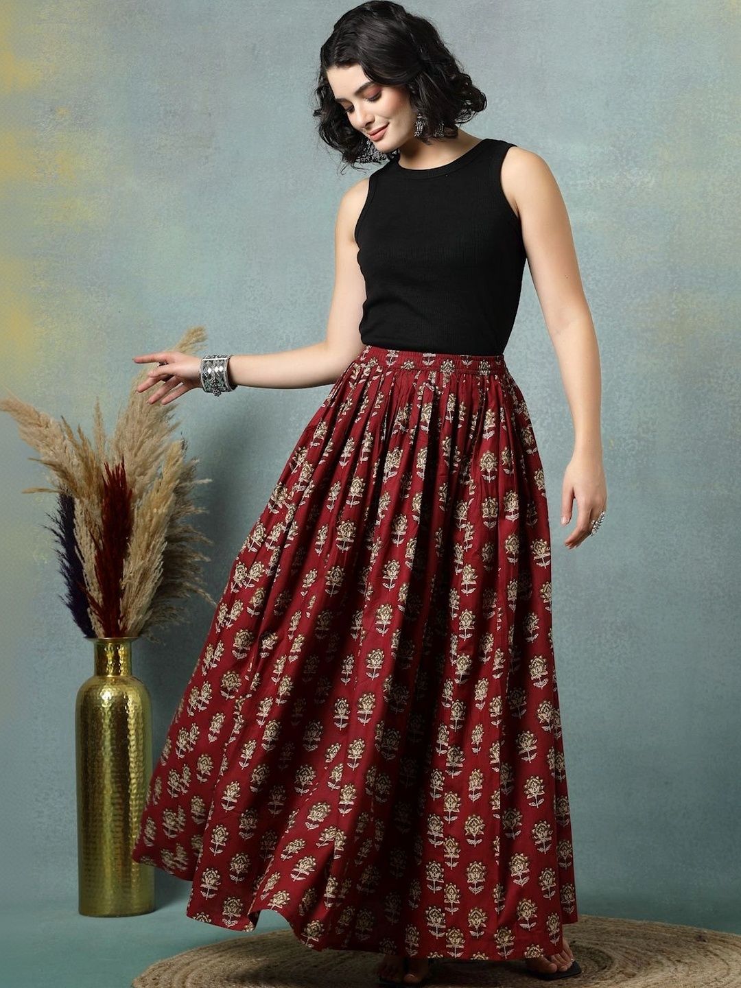 HERE&NOW Women Pure Cotton Blend Cotton Cambric Floral Maxi Flared Skirt-picture-49