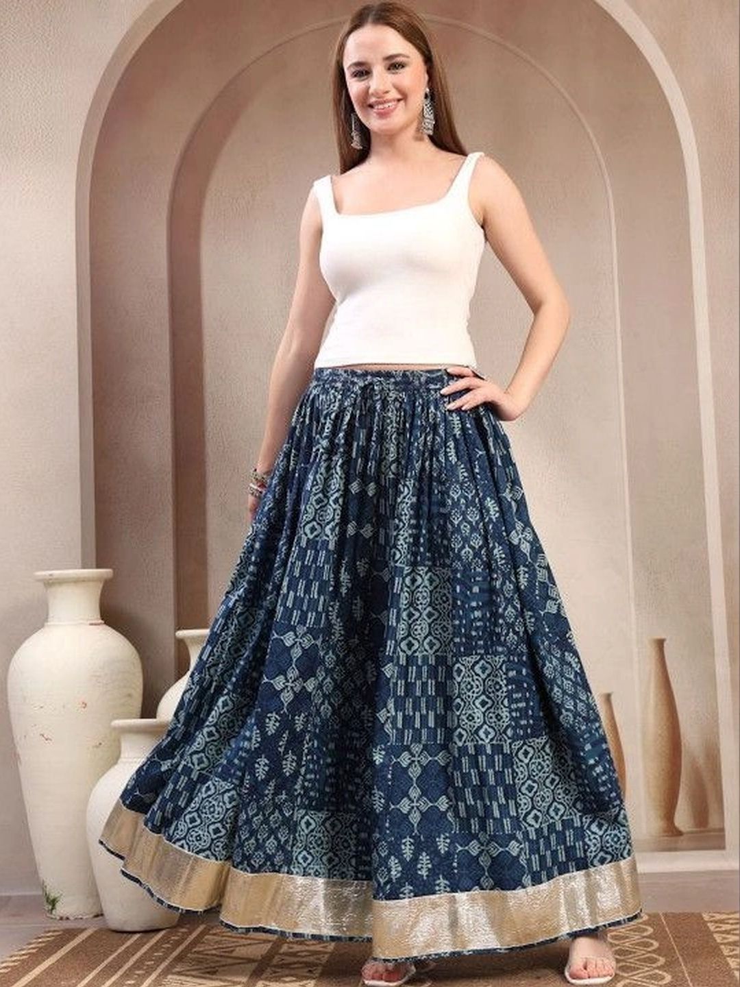 HERE&NOW Women Pure Cotton Blend Cotton Cambric Floral Bohemian Maxi Flared Skirt-picture-42