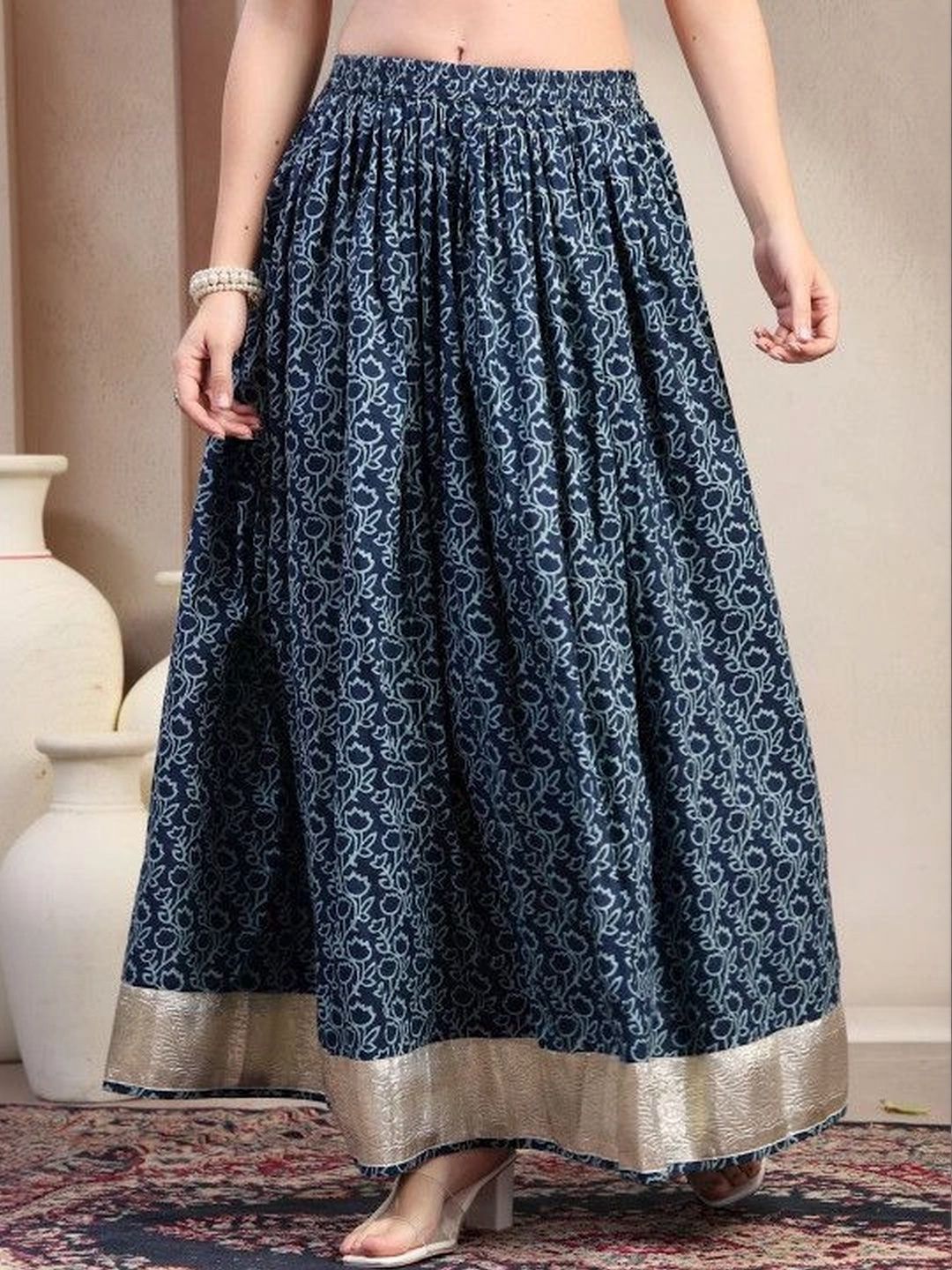HERE&NOW Women Pure Cotton Blend Cotton Cambric Floral Maxi Flared Skirt-picture-33