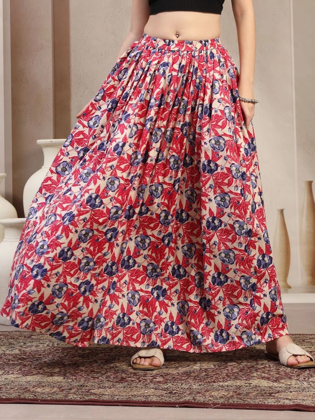 HERE&NOW Women Pure Cotton Blend Cotton Cambric Floral Maxi Flared Skirt-picture-39