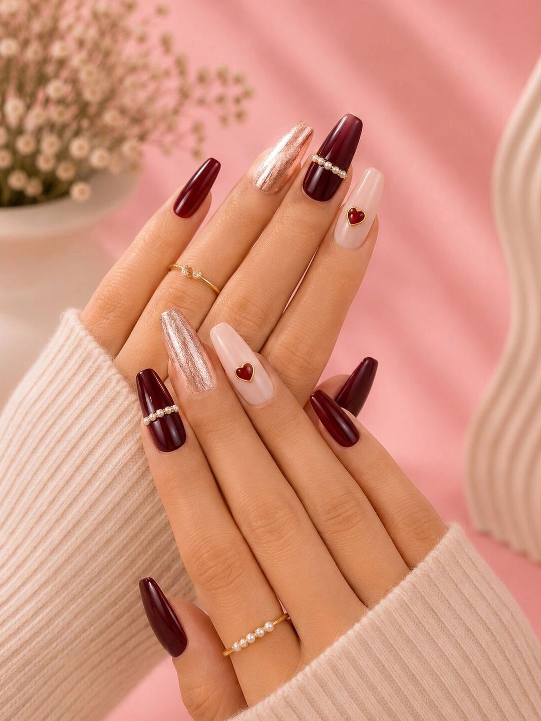 VAGHBHATT Set Of 24 Press-On Nail Extensions with Liquid Glue - Burgundy Heart Embellished-image-46